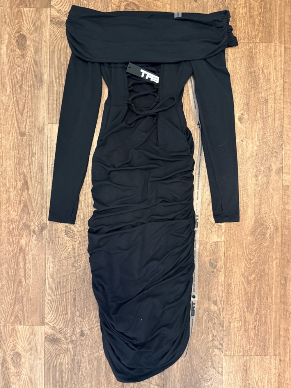 NWT TA3 Shapey Off Shoulder Ruched Black Midi Dress Corset Back Long Sleeve S - Picture 3 of 7